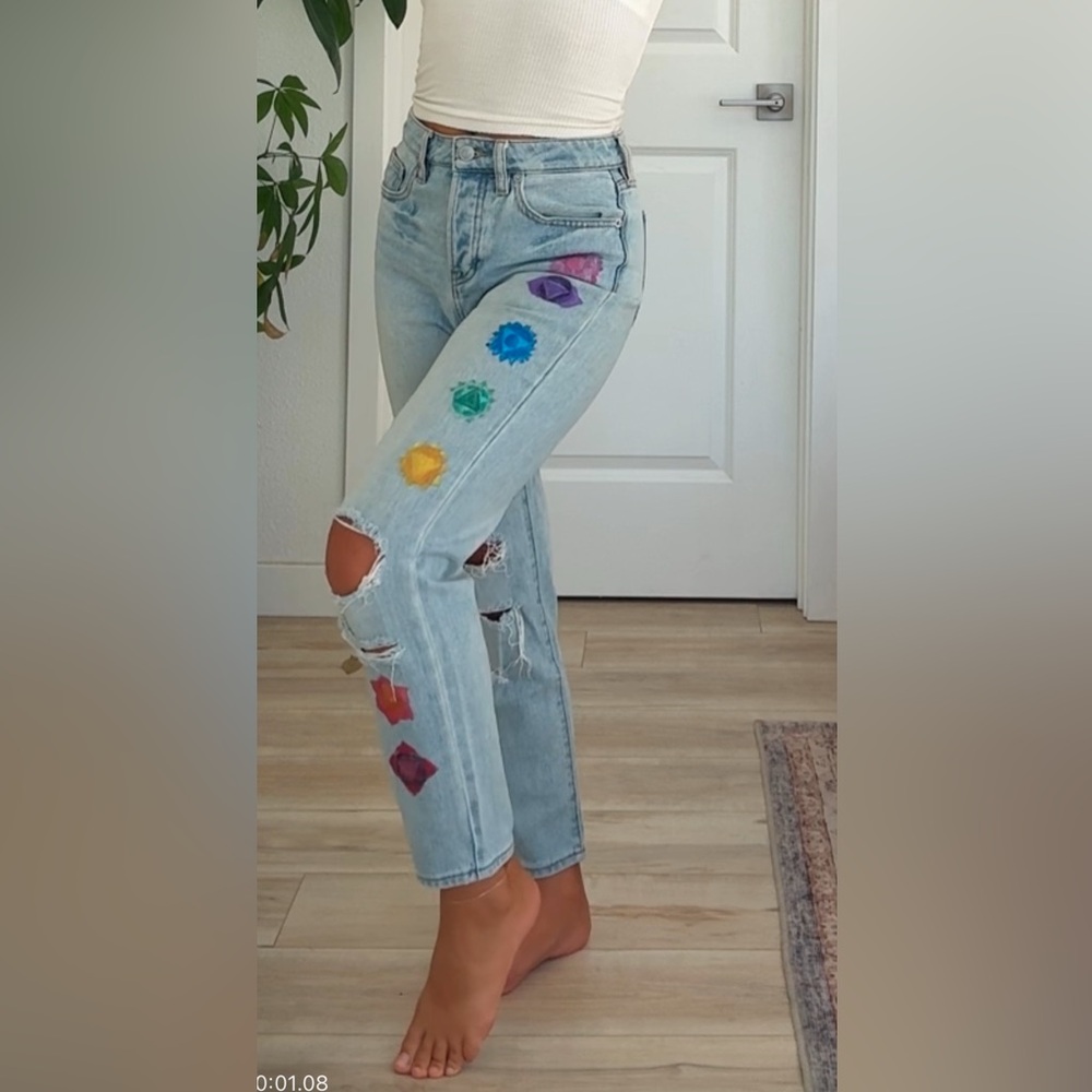 Colorful hand painted chakras Women Jeans